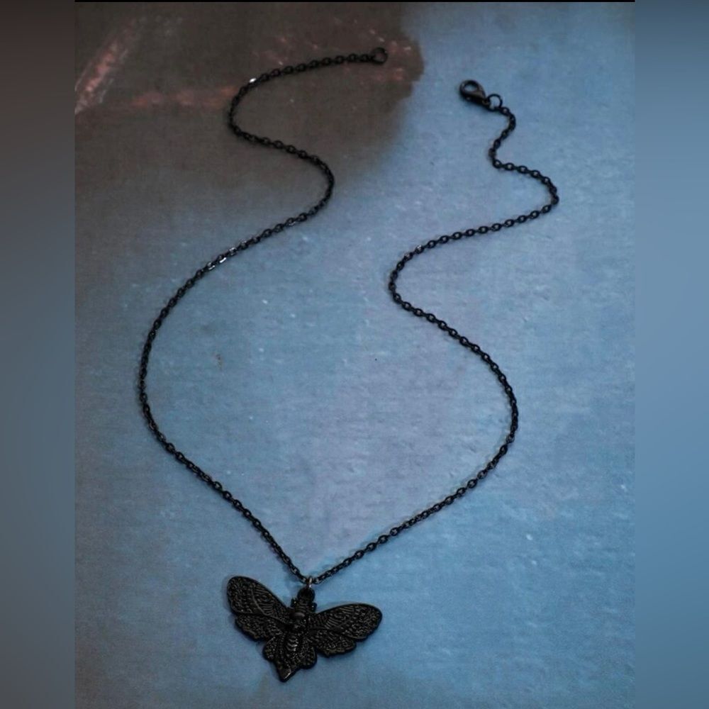 Gothic Death Moth Necklace Black, Engraved detailing, easy clasp size OS - Picture 2 of 6